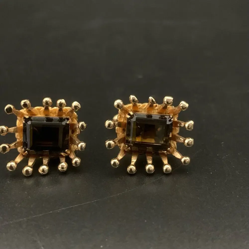 Vintage Regal Brown Emerald Cut Rhinestone Gold Tone Crown Shape Cufflinks - Picture 3 of 6